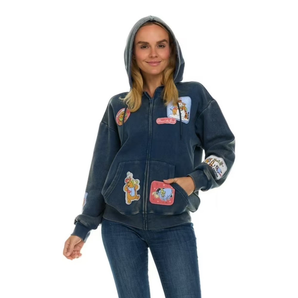 Disney Navy Blue Zip-Up Hoodie with Cartoon Patchwork